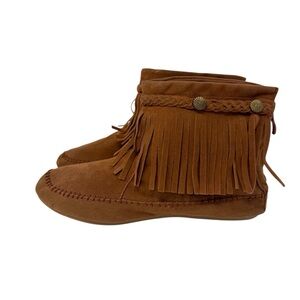 Nature Breeze ankle Bootie brown moccasins womenโs size 8 1/2 W/fringes